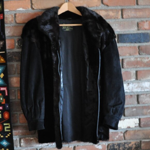 MINK Paw FUR Sable Black Brown Suede Leather Sleeves Car Coat Jacket - Picture 11 of 12